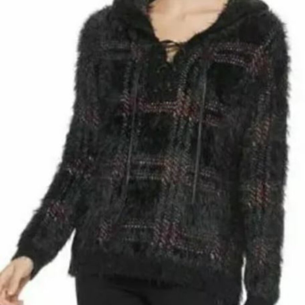 Rock & Republic Plaid Fuzzy Hoodie Long Sleeve Sweater Misses Size Large